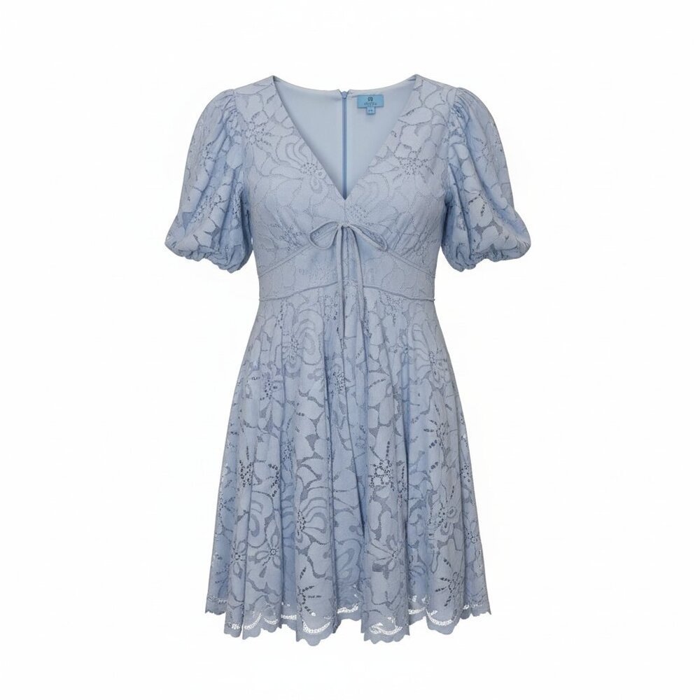 CeCe Blue Floral Lace Dress Size 14 Puff Sleeve Fit Flare Wedding Guest Easter
